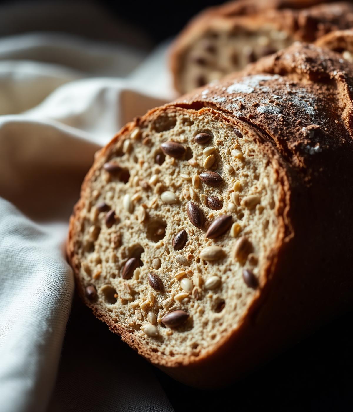 Cross-section of wholegrain bread with seeds
